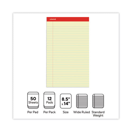 Image of Universal® Perforated Ruled Writing Pads, Wide/legal Rule, Red Headband, 50 Canary-Yellow 8.5 X 14 Sheets, Dozen
