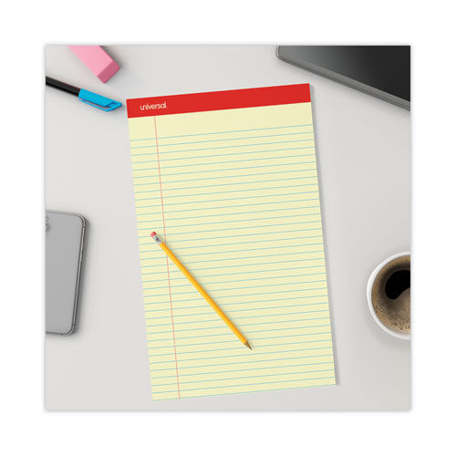 Image of Universal® Perforated Ruled Writing Pads, Wide/legal Rule, Red Headband, 50 Canary-Yellow 8.5 X 14 Sheets, Dozen