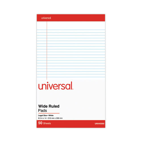 Image of Universal® Perforated Ruled Writing Pads, Wide/legal Rule, Red Headband, 50 White 8.5 X 14 Sheets, Dozen