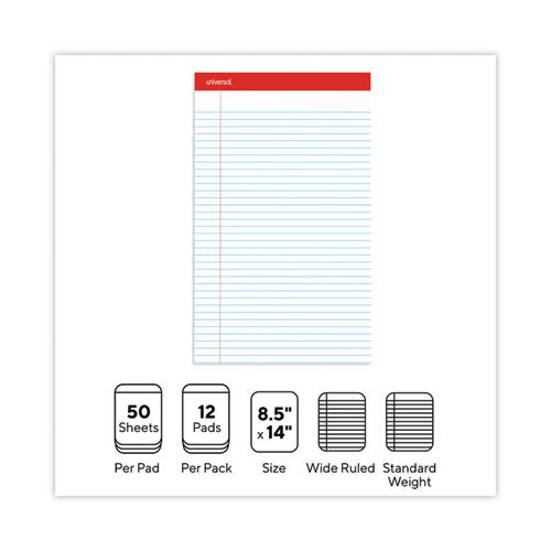 Image of Universal® Perforated Ruled Writing Pads, Wide/legal Rule, Red Headband, 50 White 8.5 X 14 Sheets, Dozen