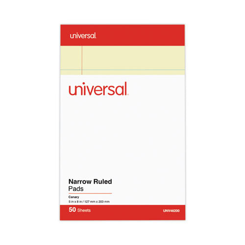 Image of Universal® Perforated Ruled Writing Pads, Narrow Rule, Red Headband, 50 Canary-Yellow 5 X 8 Sheets, Dozen