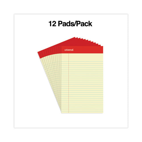 Image of Universal® Perforated Ruled Writing Pads, Narrow Rule, Red Headband, 50 Canary-Yellow 5 X 8 Sheets, Dozen