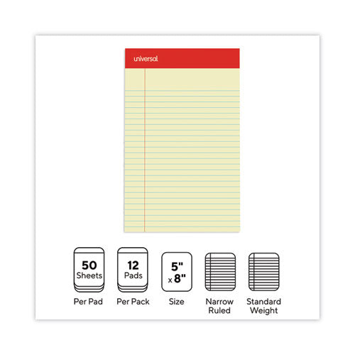 Image of Universal® Perforated Ruled Writing Pads, Narrow Rule, Red Headband, 50 Canary-Yellow 5 X 8 Sheets, Dozen