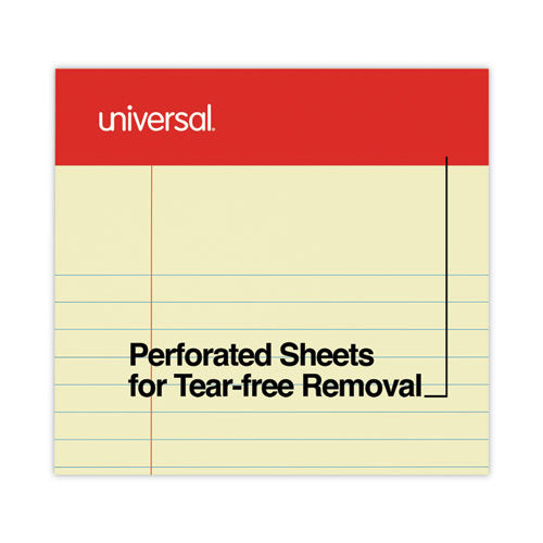 Image of Universal® Perforated Ruled Writing Pads, Narrow Rule, Red Headband, 50 Canary-Yellow 5 X 8 Sheets, Dozen