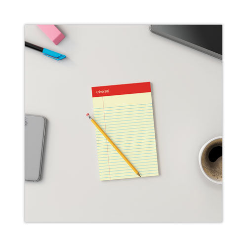 Image of Universal® Perforated Ruled Writing Pads, Narrow Rule, Red Headband, 50 Canary-Yellow 5 X 8 Sheets, Dozen