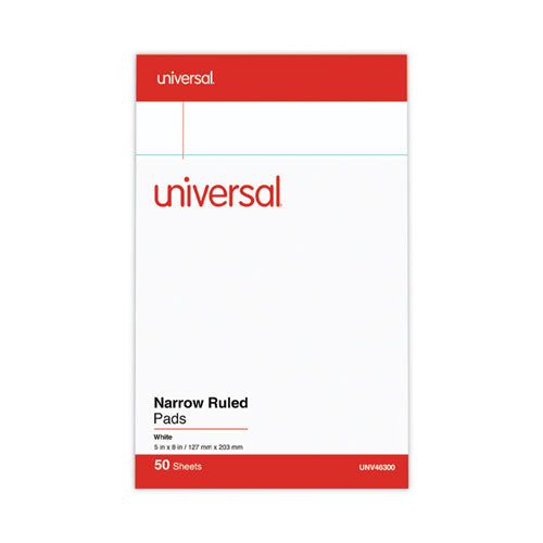 Image of Universal® Perforated Ruled Writing Pads, Narrow Rule, Red Headband, 50 White 5 X 8 Sheets, Dozen