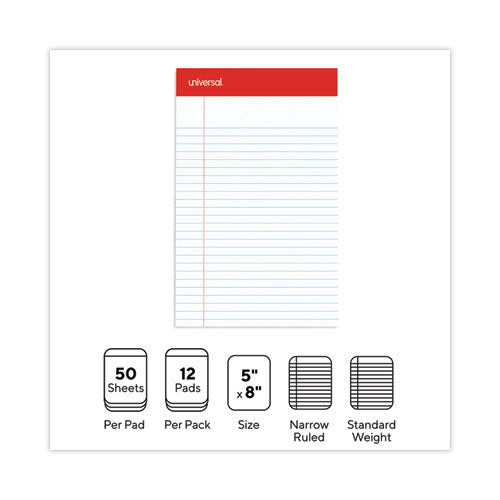 Image of Universal® Perforated Ruled Writing Pads, Narrow Rule, Red Headband, 50 White 5 X 8 Sheets, Dozen