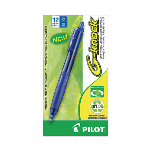 Image of Pilot® G-Knock BeGreen Gel Pen, Retractable, Fine 0.7 mm, Blue Ink, Translucent Blue/Blue Barrel, Dozen