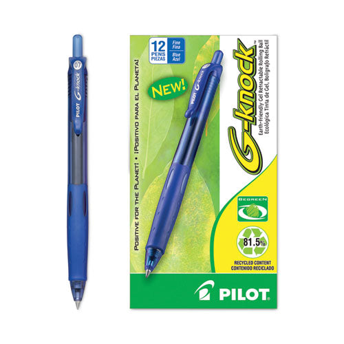 Image of Pilot® G-Knock BeGreen Gel Pen, Retractable, Fine 0.7 mm, Blue Ink, Translucent Blue/Blue Barrel, Dozen