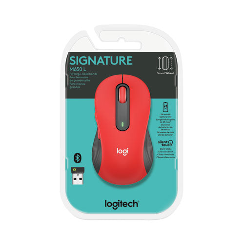Image of Logitech® Signature M650 Wireless Mouse, Large, 2.4 GHz Frequency, 33 ft Wireless Range, Right Hand Use, Red