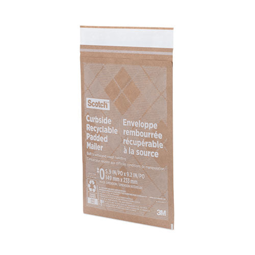 Image of Scotch Curbside Recyclable Padded Mailer, #0, Bubble Cushion, Self-Adhesive Closure, 7 x 11.25, Natural Kraft, 100/Carton