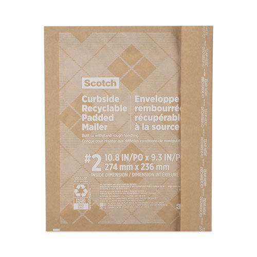 Image of Scotch Curbside Recyclable Padded Mailer, #2, Bubble Cushion, Self-Adhesive Closure, 11.25 x 12, Natural Kraft, 100/Carton