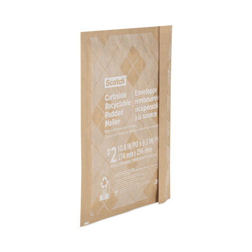 Image of Scotch Curbside Recyclable Padded Mailer, #2, Bubble Cushion, Self-Adhesive Closure, 11.25 x 12, Natural Kraft, 100/Carton