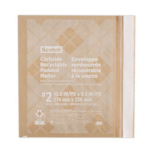 Image of Scotch Curbside Recyclable Padded Mailer, #2, Bubble Cushion, Self-Adhesive Closure, 11.25 x 12, Natural Kraft, 100/Carton