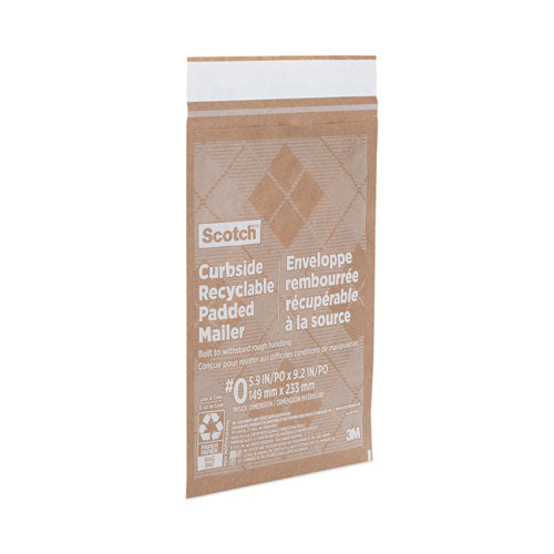 Image of Scotch Curbside Recyclable Padded Mailer, #0, Bubble Cushion, Self-Adhesive Closure, 7 x 11.25, Natural Kraft, 100/Carton