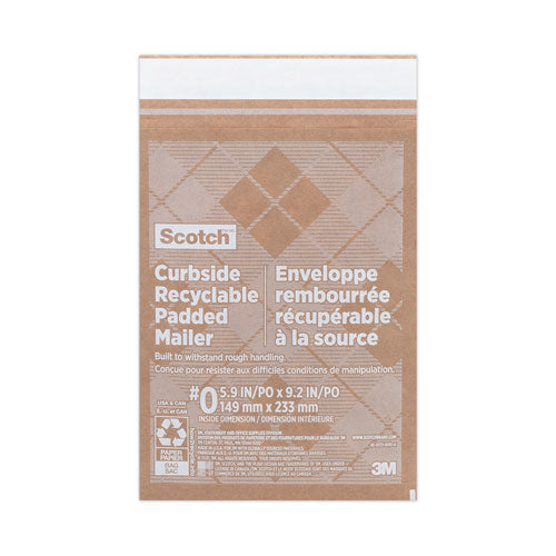 Image of Scotch Curbside Recyclable Padded Mailer, #0, Bubble Cushion, Self-Adhesive Closure, 7 x 11.25, Natural Kraft, 100/Carton