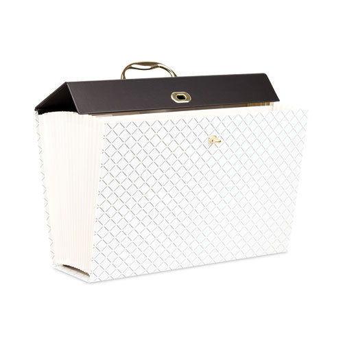 Image of U Brands Expanding File Box, 5.25" Expansion, 19 Sections, Twist-Lock Latch Closure, 2/5-Cut Tabs, Letter Size, White/Black/Gold