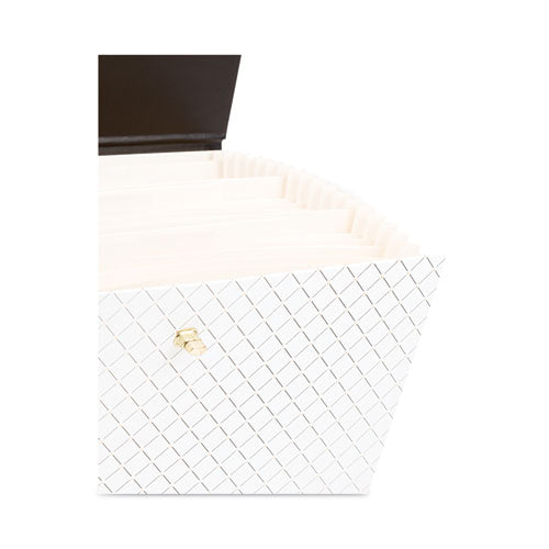 Image of U Brands Expanding File Box, 5.25" Expansion, 19 Sections, Twist-Lock Latch Closure, 2/5-Cut Tabs, Letter Size, White/Black/Gold