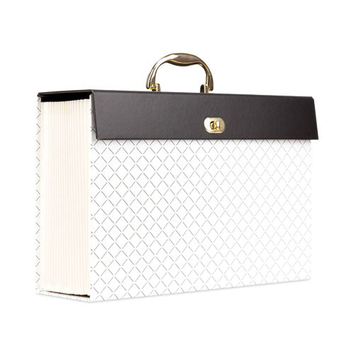Image of U Brands Expanding File Box, 5.25" Expansion, 19 Sections, Twist-Lock Latch Closure, 2/5-Cut Tabs, Letter Size, White/Black/Gold