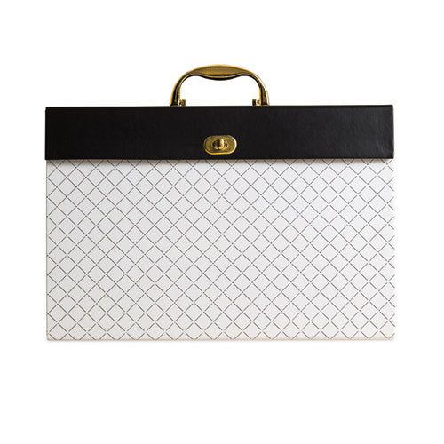 Image of U Brands Expanding File Box, 5.25" Expansion, 19 Sections, Twist-Lock Latch Closure, 2/5-Cut Tabs, Letter Size, White/Black/Gold