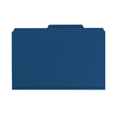 Image of Smead Six-Section Pressboard Top Tab Classification Folders, Six SafeSHIELD Fasteners, 2 Dividers, Legal Size, Dark Blue, 10/Box