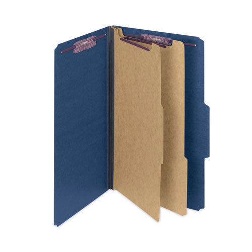 Image of Smead Six-Section Pressboard Top Tab Classification Folders, Six SafeSHIELD Fasteners, 2 Dividers, Legal Size, Dark Blue, 10/Box