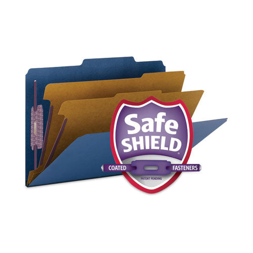 Image of Smead Six-Section Pressboard Top Tab Classification Folders, Six SafeSHIELD Fasteners, 2 Dividers, Legal Size, Dark Blue, 10/Box