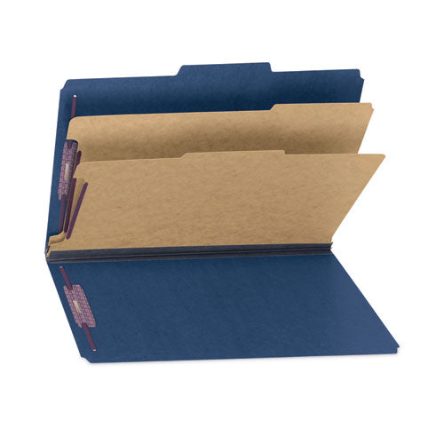 Image of Smead Six-Section Pressboard Top Tab Classification Folders, Six SafeSHIELD Fasteners, 2 Dividers, Legal Size, Dark Blue, 10/Box