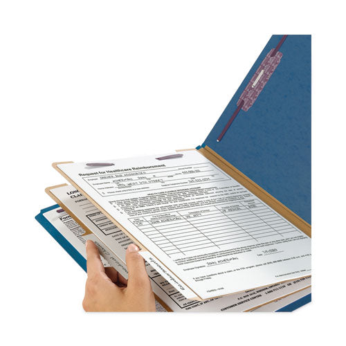 Image of Smead Six-Section Pressboard Top Tab Classification Folders, Six SafeSHIELD Fasteners, 2 Dividers, Legal Size, Dark Blue, 10/Box