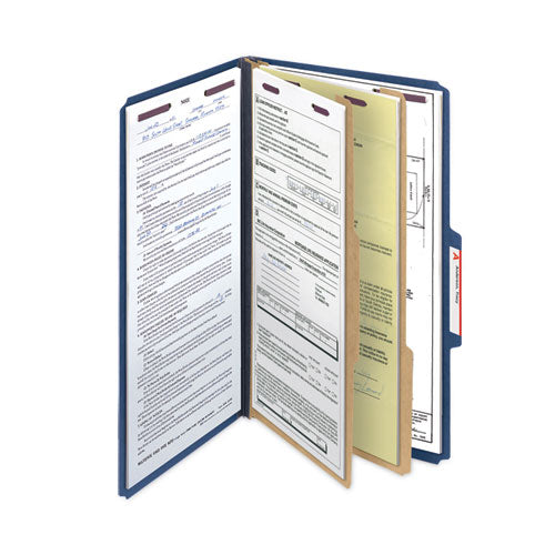 Image of Smead Six-Section Pressboard Top Tab Classification Folders, Six SafeSHIELD Fasteners, 2 Dividers, Legal Size, Dark Blue, 10/Box