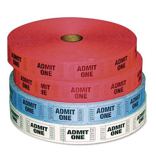 Image of Iconex Admit-One Ticket Multi-Pack, 2 Red, 1 Blue, 1 White, 2,000/Roll, 4 Rolls/Pack