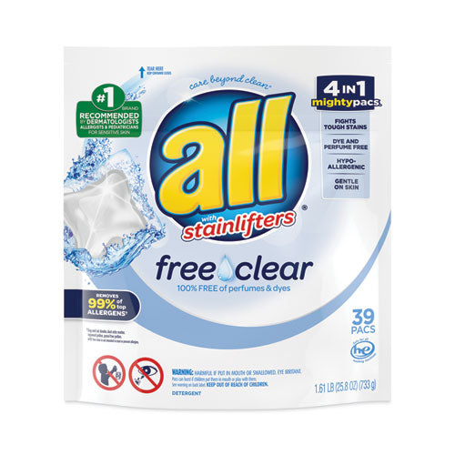 Image of All® Mighty Pacs Free And Clear Super Concentrated Laundry Detergent, 39/pack, 6 Packs/carton