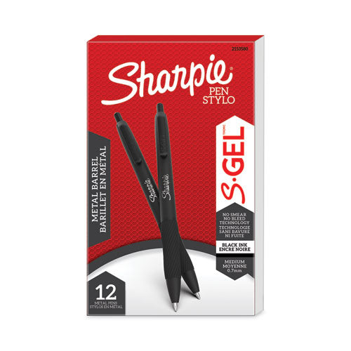 Image of Sharpie® S-Gel S-Gel Premium Metal Barrel Gel Pen, Retractable, Medium 0.7 mm, Black Ink, Black Barrel, Dozen