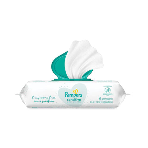 Image of Pampers® Sensitive Baby Wipes, 1-Ply, 6.8 x 7, Unscented, White, 56/Pack, 8 Packs/Carton