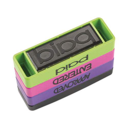 Image of Trodat® Interlocking Stack Stamp, Approved, Entered, Paid, 1.81" X 0.63", Assorted Fluorescent Ink