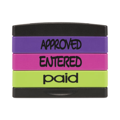 Image of Trodat® Interlocking Stack Stamp, Approved, Entered, Paid, 1.81" X 0.63", Assorted Fluorescent Ink