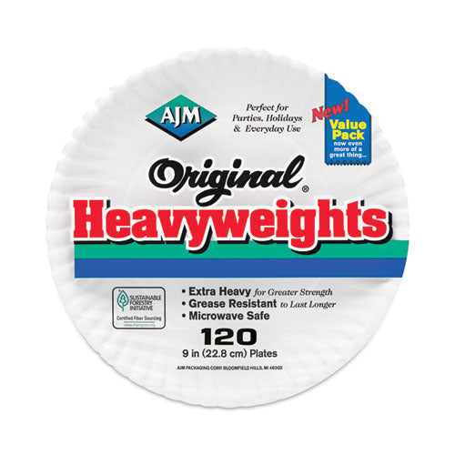 Image of AJM Packaging Corporation Original Heavyweights Paper Plates, 9" dia, White, 120/Pack, 8 Packs/Carton