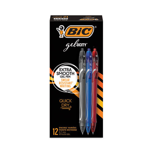Image of BIC® Gel-ocity Quick Dry Gel Pen, Retractable, Fine 0.7 mm, Assorted Ink and Barrel Colors, Dozen