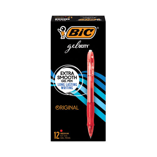 Image of BIC® Gel-Ocity Gel Pen, Retractable, Medium 0.7 Mm, Red Ink, Translucent Red Barrel, Dozen