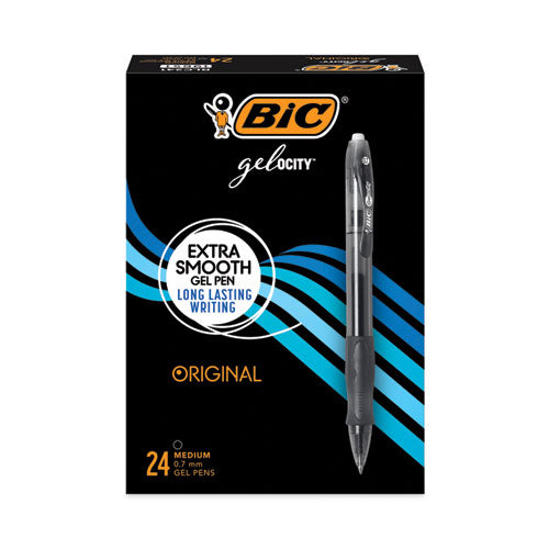 Image of BIC® Gel-ocity Gel Pen Value Pack, Retractable, Medium 0.7 mm, Black Ink, Clear/Black Barrel, 24/Pack