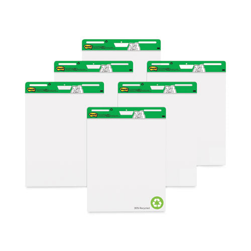 Image of Post-it® Easel Pads Super Sticky Vertical-Orientation Self-Stick Easel Pad Value Pack, Green Headband, Unruled, 25 x 30, White, 30 Sheets, 6/Carton