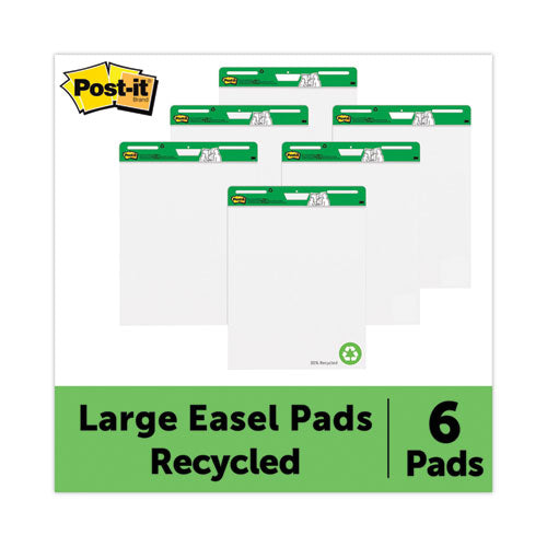 Image of Post-it® Easel Pads Super Sticky Vertical-Orientation Self-Stick Easel Pad Value Pack, Green Headband, Unruled, 25 x 30, White, 30 Sheets, 6/Carton