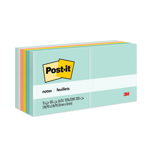 Image of Post-it® Notes Original Pads in Beachside Cafe Collection Colors, 3" x 3", 100 Sheets/Pad, 12 Pads/Pack