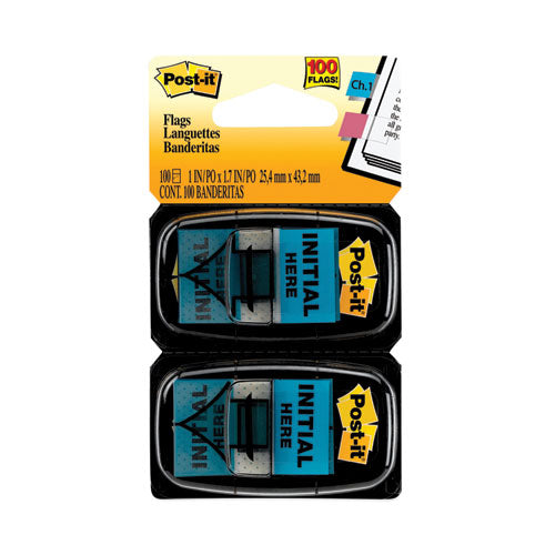Image of Post-it® Flags Arrow Message 1" Page Flags, "Initial Here", Blue, 50 Flags Dispensers/2 Dispensers/Pack