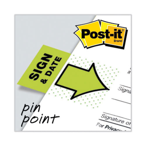 Image of Post-it® Flags Arrow Message 1" Page Flags, "Sign and Date", Green, 50 Flags/Dispenser, 2 Dispensers/Pack