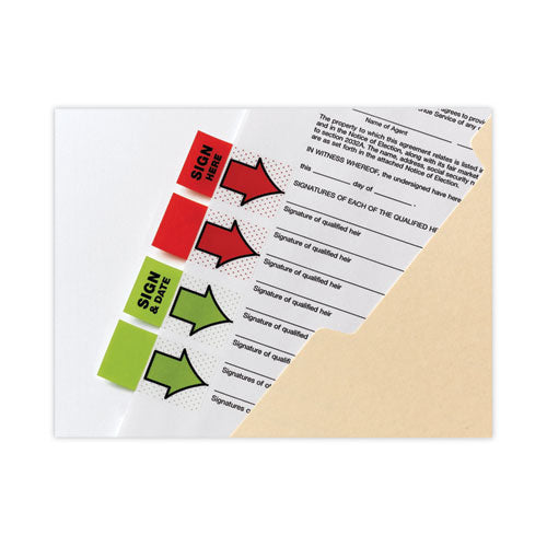 Image of Post-it® Flags Arrow Message 1" Page Flags, "Sign and Date", Green, 50 Flags/Dispenser, 2 Dispensers/Pack