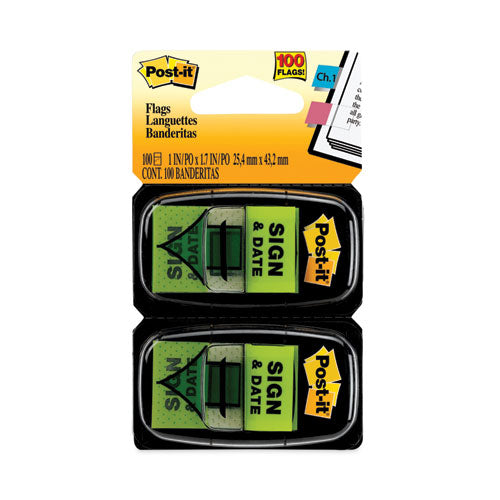 Image of Post-it® Flags Arrow Message 1" Page Flags, "Sign and Date", Green, 50 Flags/Dispenser, 2 Dispensers/Pack