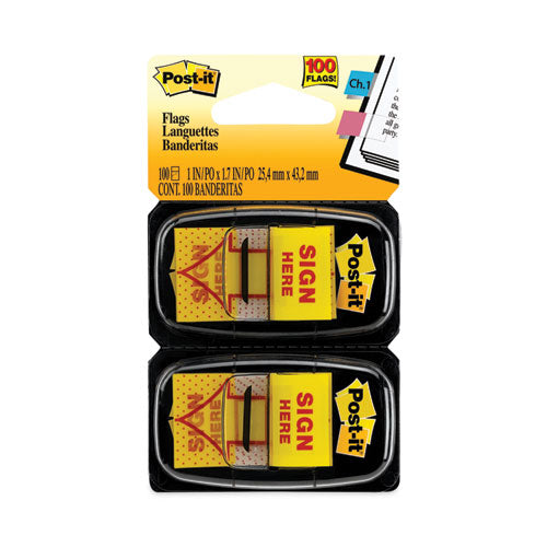 Image of Post-it® Flags Arrow Message 1" Page Flags, "Sign Here", Yellow, 50 Flags/Dispenser, 2 Dispensers/Pack