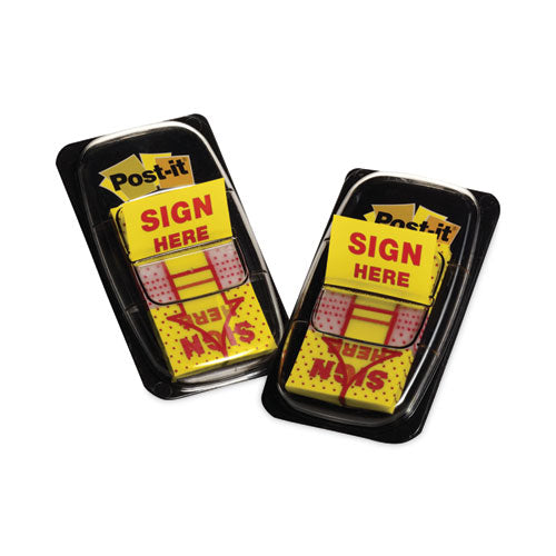 Image of Post-it® Flags Arrow Message 1" Page Flags, "Sign Here", Yellow, 50 Flags/Dispenser, 2 Dispensers/Pack