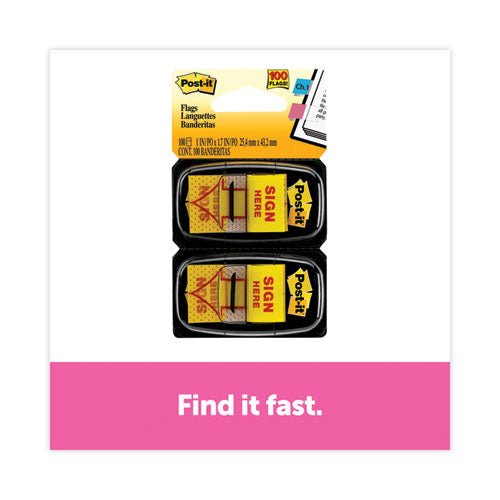 Image of Post-it® Flags Arrow Message 1" Page Flags, "Sign Here", Yellow, 50 Flags/Dispenser, 2 Dispensers/Pack